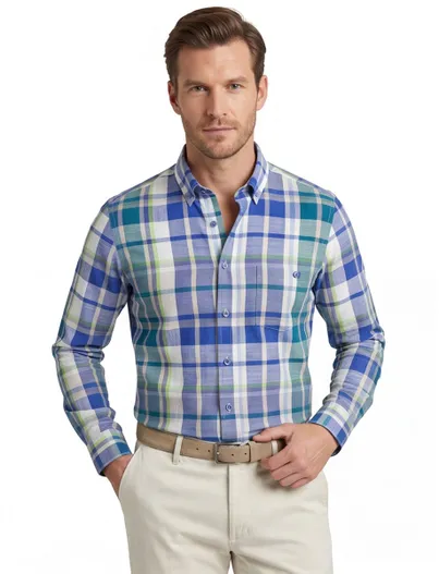 Giordano katoenen Gordiano overhemd blauw wijde fit geruit