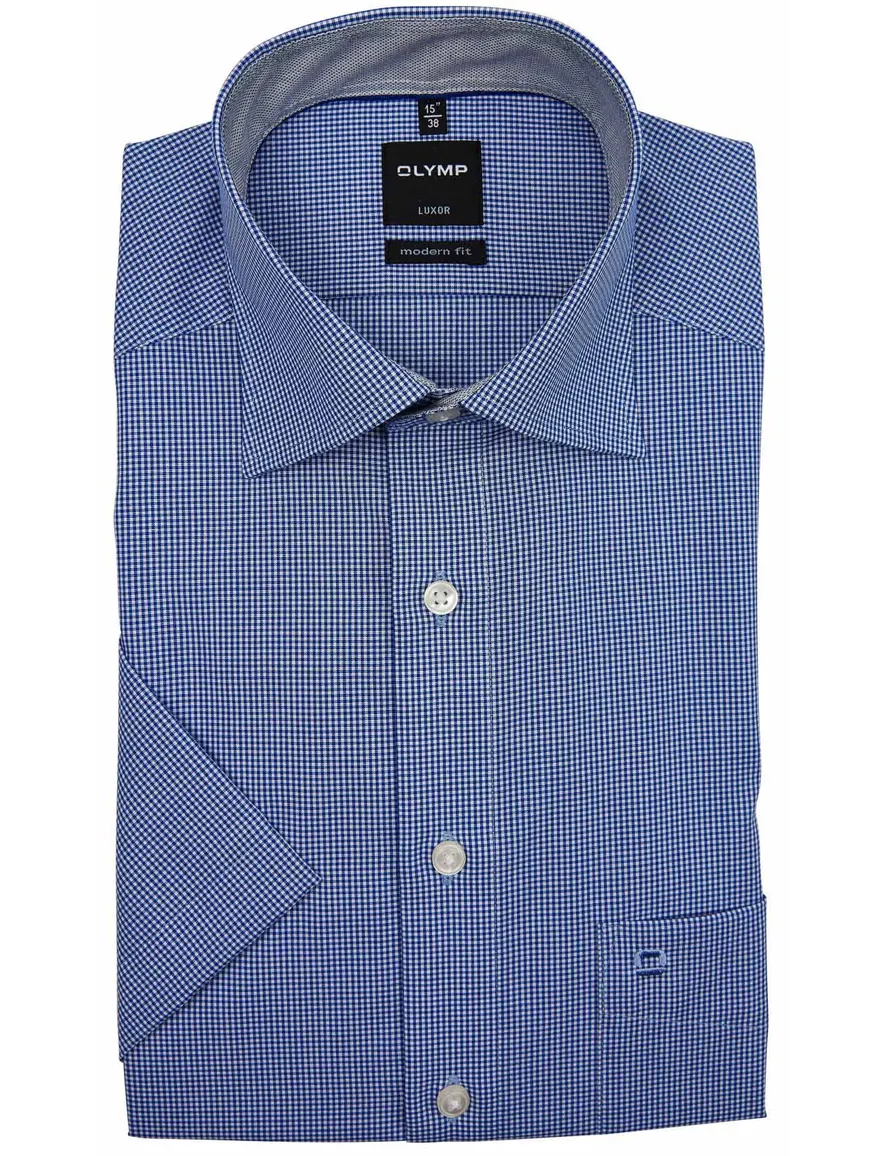 OLYMP korte mouw overhemd blauw ruit