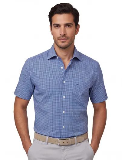 Olymp OLYMP korte mouw overhemd blauw ruit normale fit