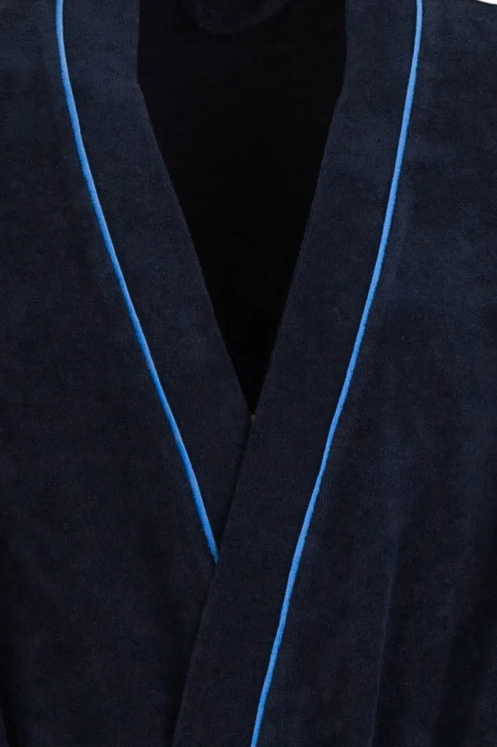 Schiesser badjas donkerblauw Original Classics blauwe piping