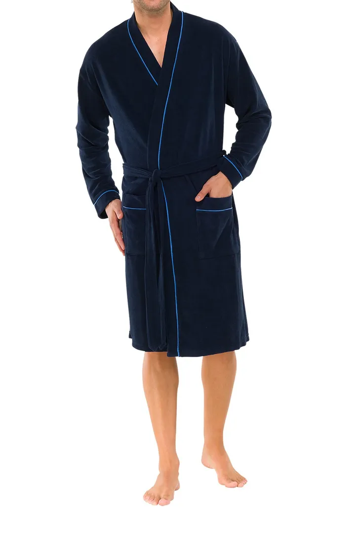 Schiesser badjas donkerblauw Original Classics blauwe piping