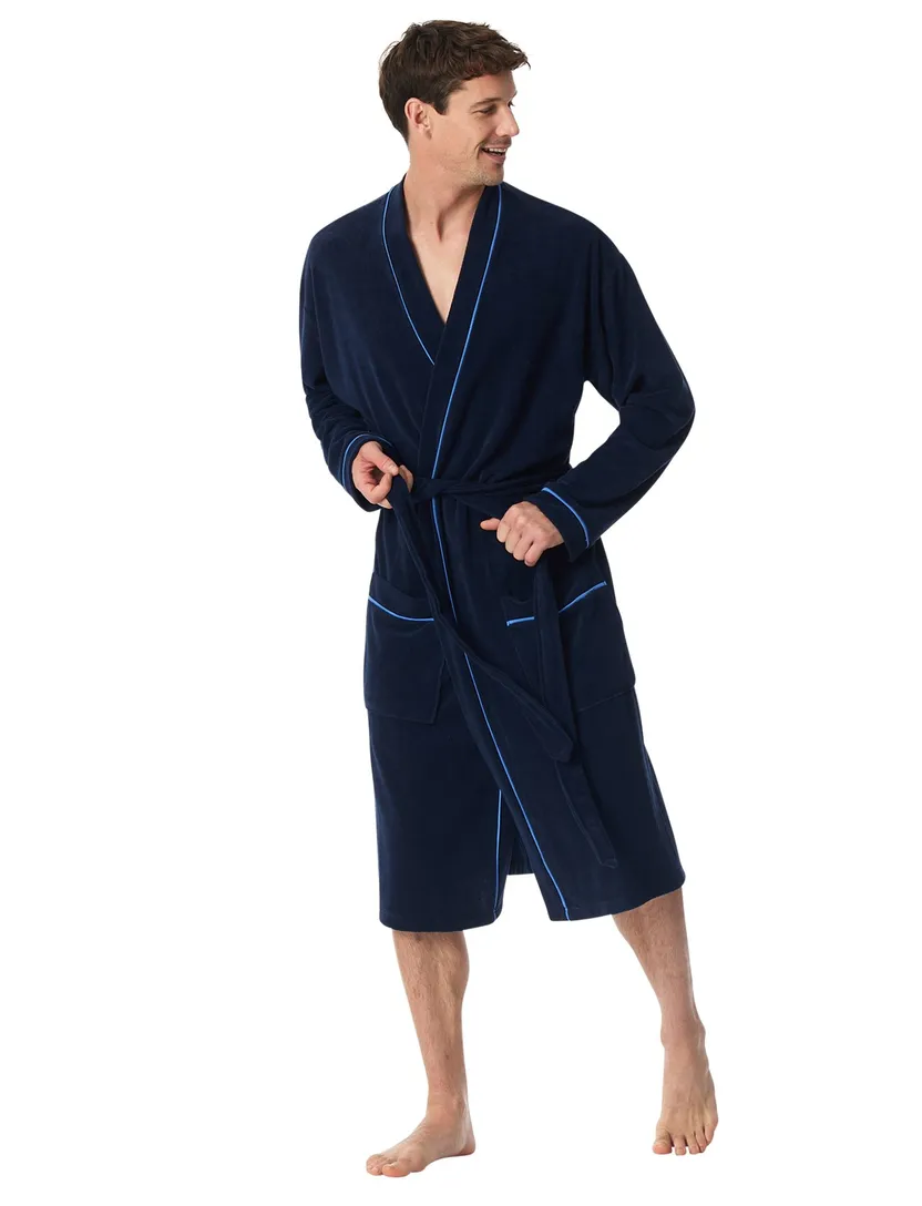 Schiesser badjas donkerblauw Original Classics blauwe piping