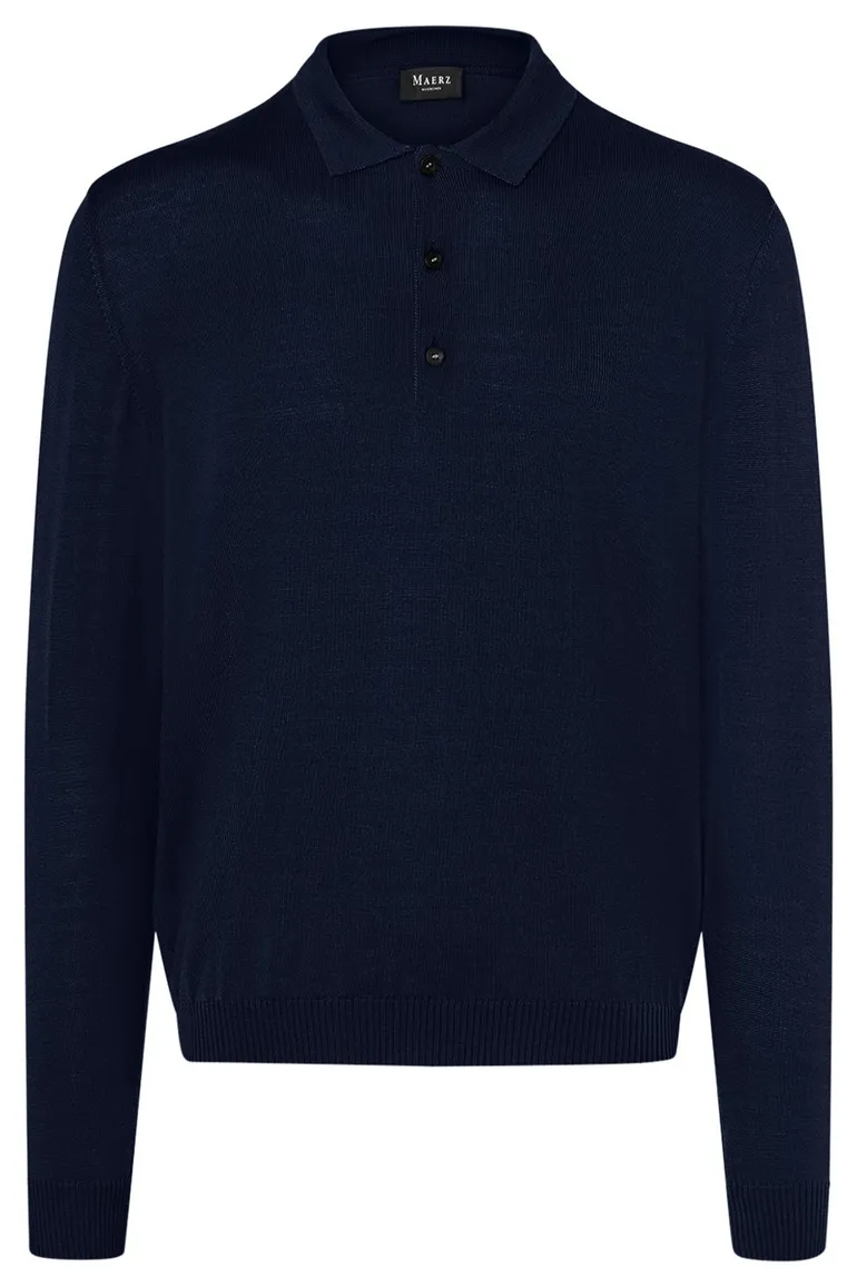 Maerz polo lange mouw donkerblauw merinowol