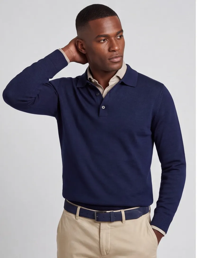 Maerz polo lange mouw donkerblauw merinowol