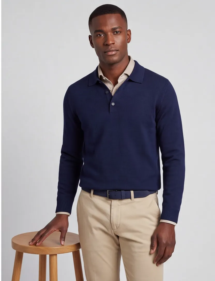 Maerz polo lange mouw donkerblauw merinowol