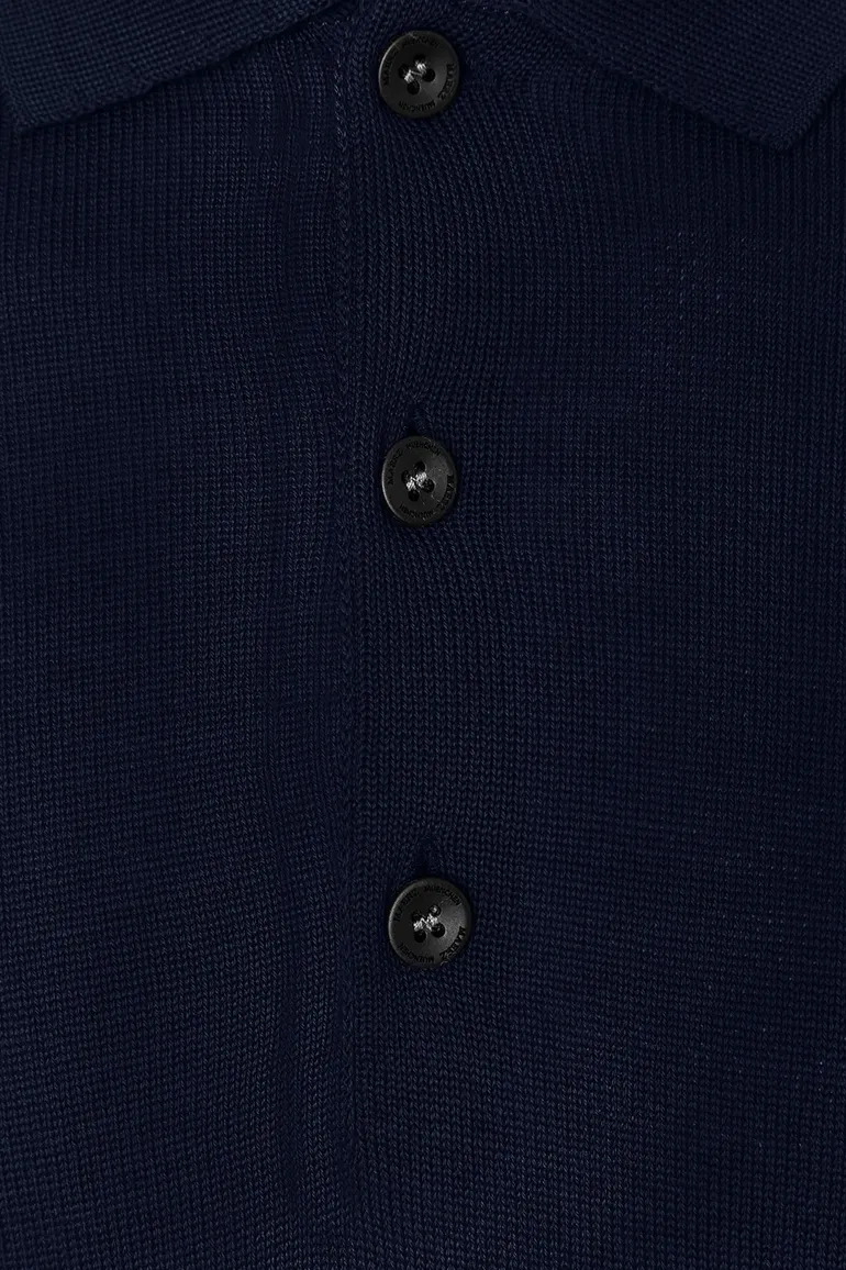 Maerz polo lange mouw donkerblauw merinowol