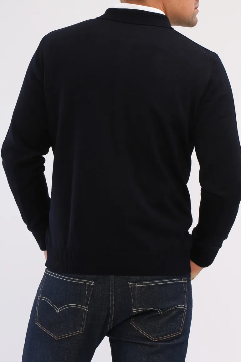 Maerz polo lange mouw donkerblauw merinowol