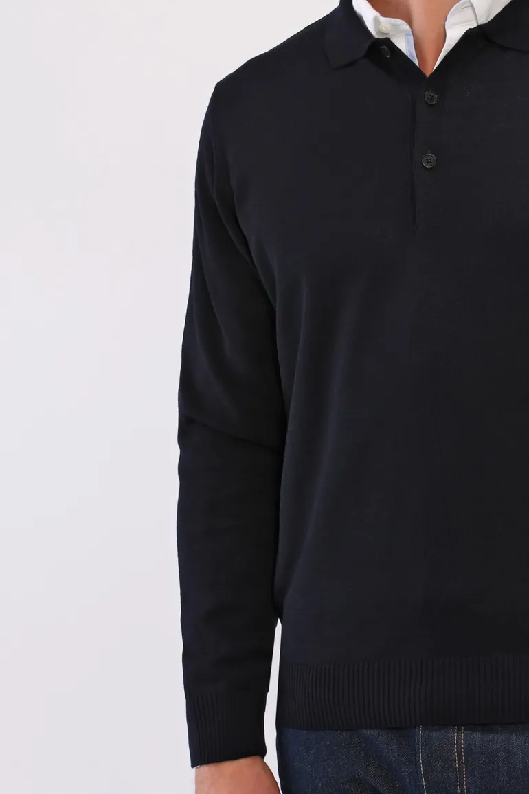 Maerz polo lange mouw donkerblauw merinowol