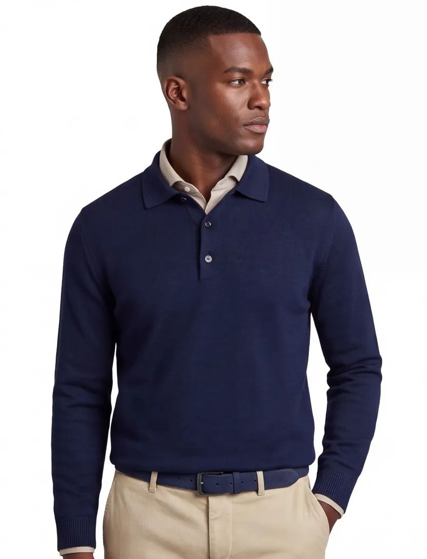 Maerz polo lange mouw donkerblauw merinowol