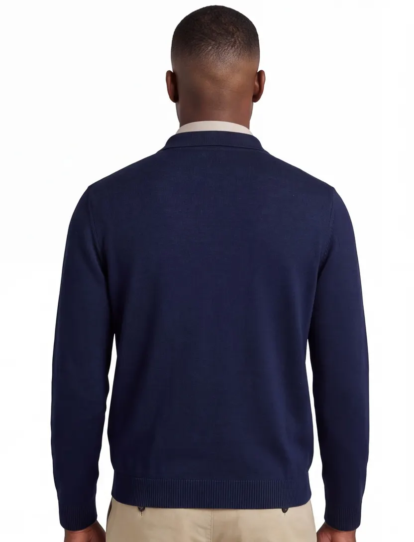 Maerz polo lange mouw donkerblauw merinowol