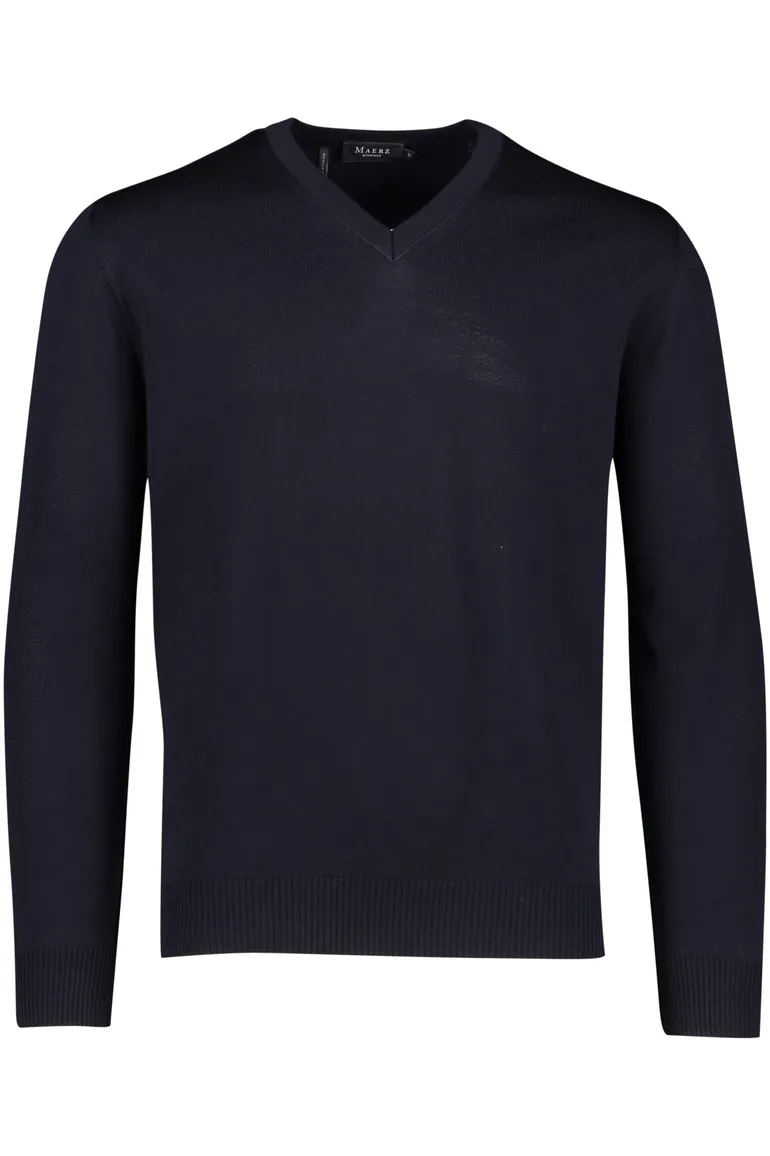 trui Maerz donkerblauw effen merinowol v-hals