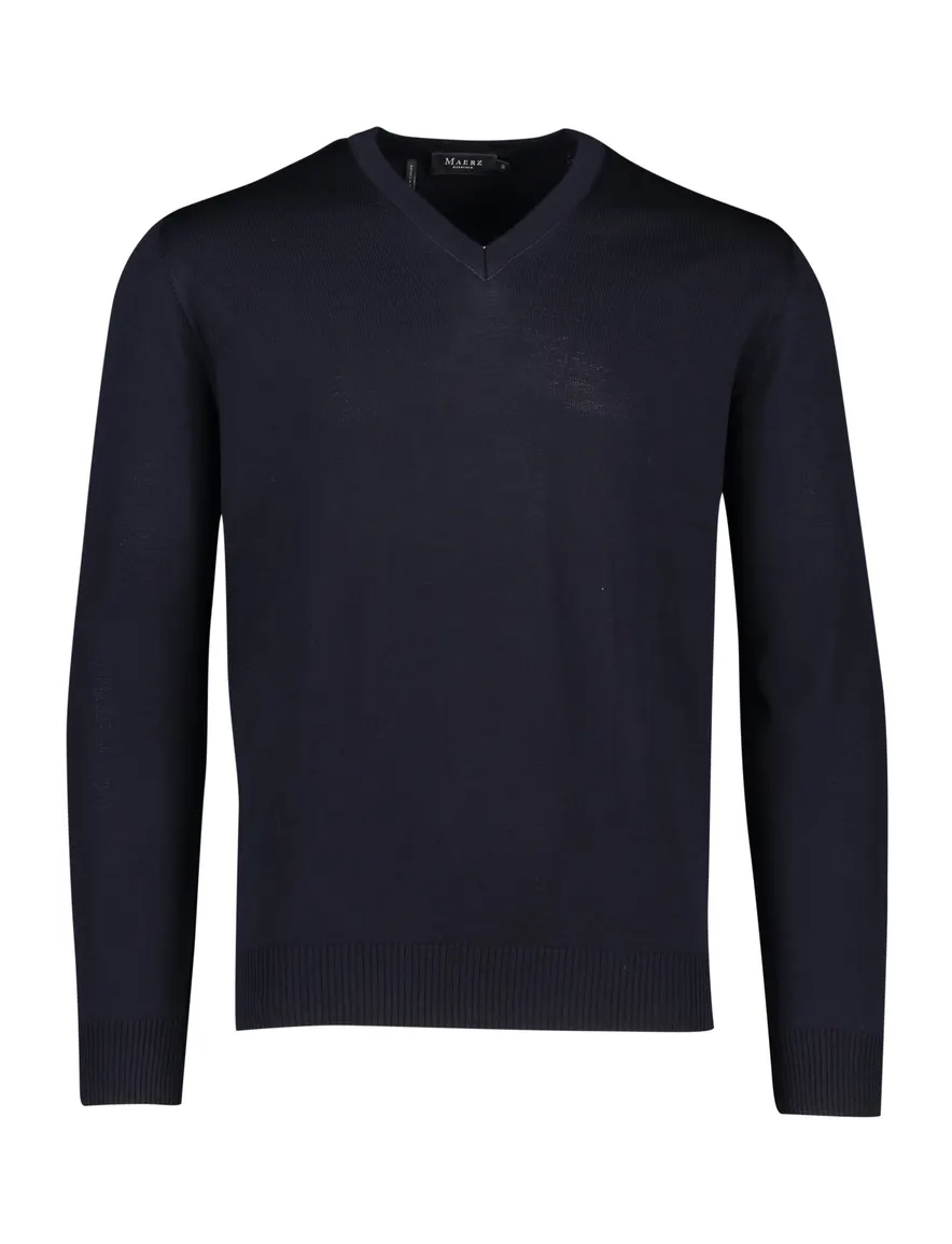 trui Maerz donkerblauw effen merinowol v-hals