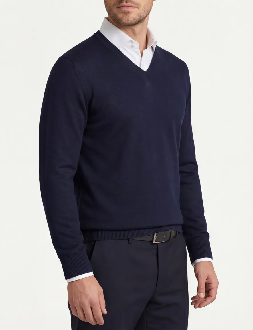 trui Maerz donkerblauw effen merinowol v-hals