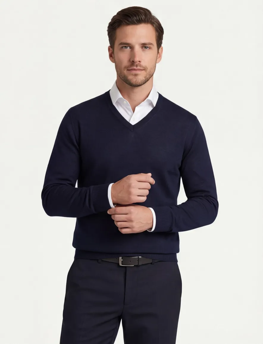 trui Maerz donkerblauw effen merinowol v-hals