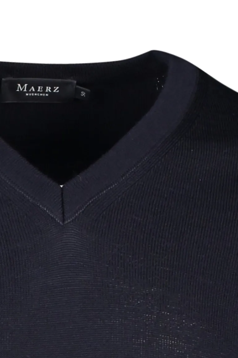 Maerz trui v-hals donkerblauw effen merinowol
