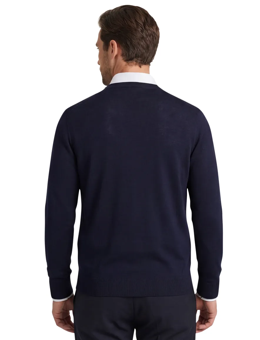 trui Maerz donkerblauw effen merinowol v-hals