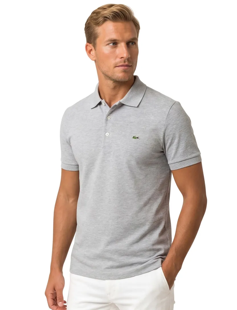 Lacoste poloshirt lichtgrijs met logo effen katoen slim fit