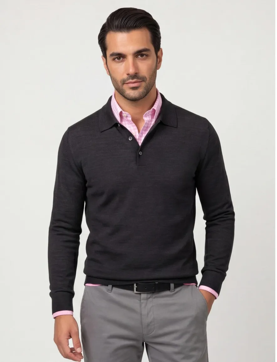 Maerz trui half zip knopen effen zwart wol