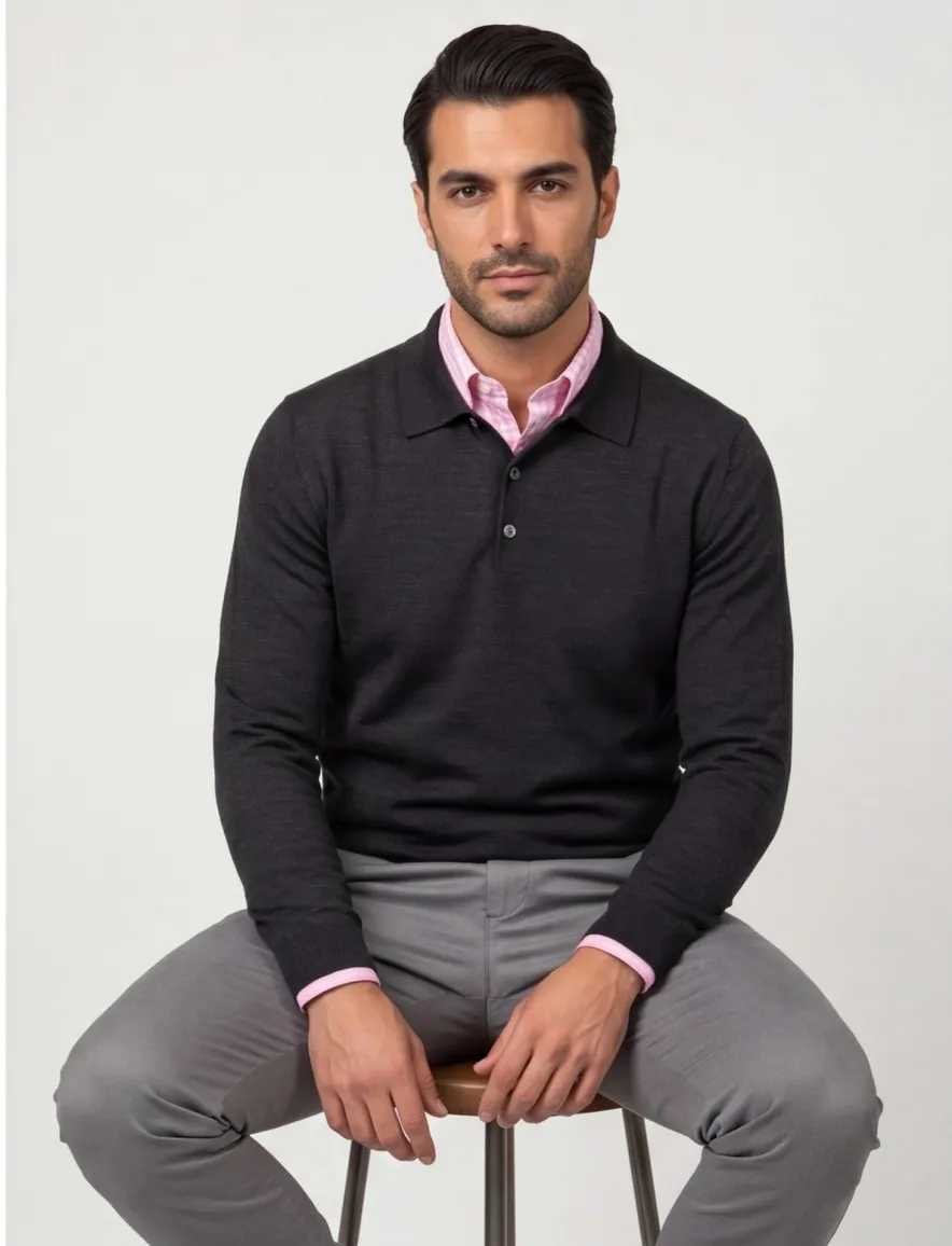 Maerz trui half zip knopen effen zwart wol