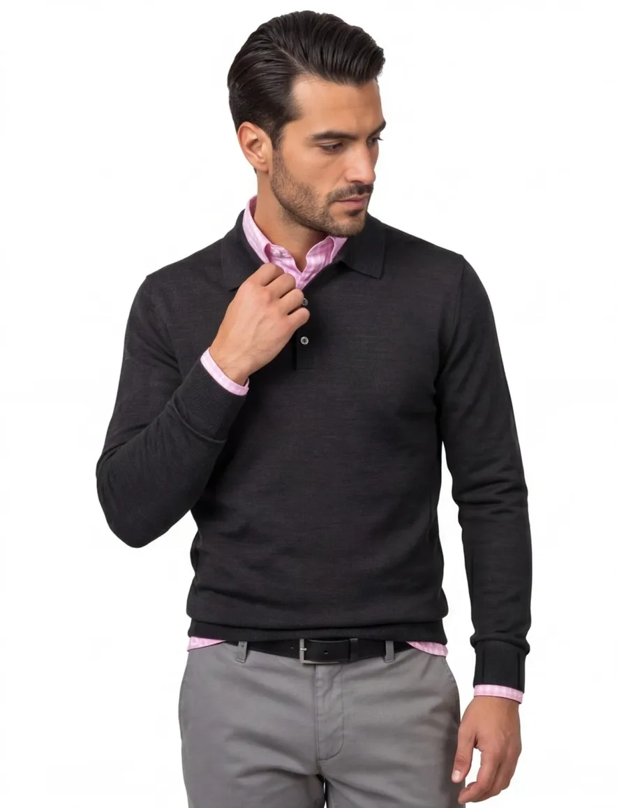 Maerz trui half zip knopen effen zwart wol
