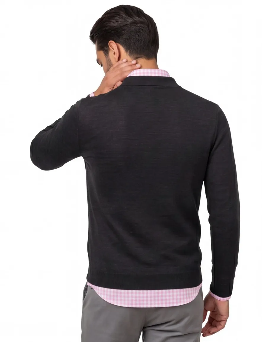Maerz trui half zip knopen effen zwart wol