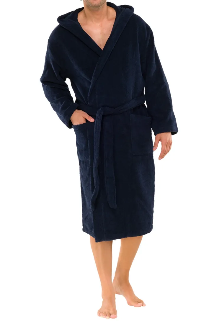 Schiesser Essentials badjas met capuchon donkerblauw