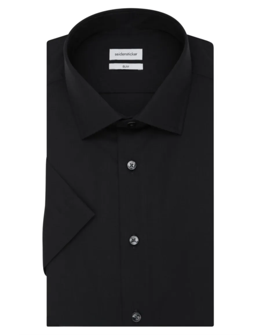overhemd korte mouw Seidensticker zwart effen katoen slim fit