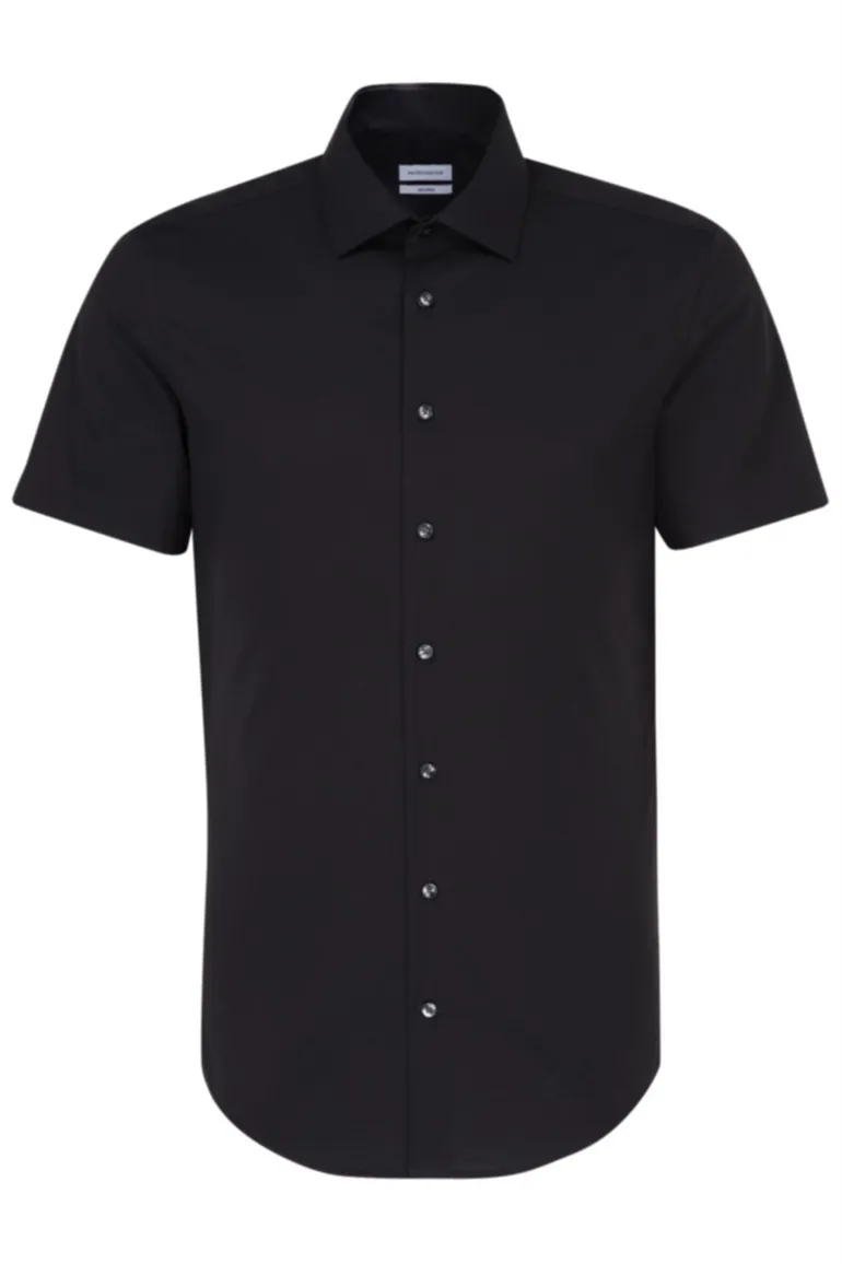 overhemd korte mouw Seidensticker zwart effen katoen slim fit