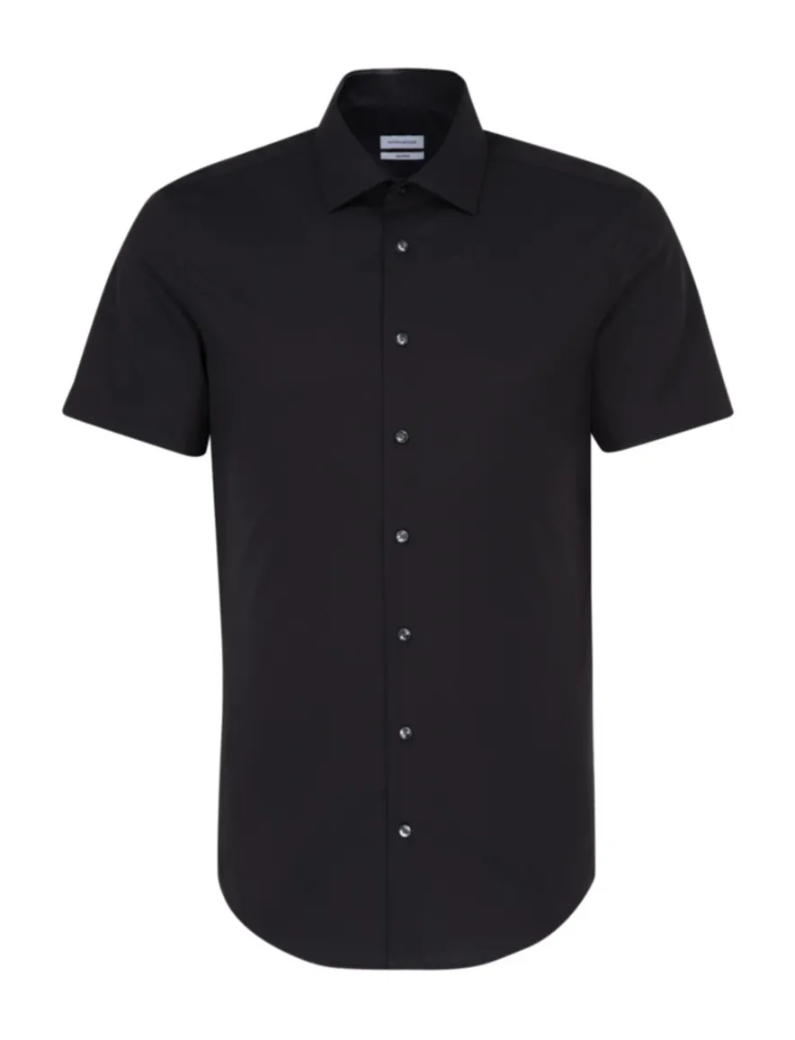 overhemd korte mouw Seidensticker zwart effen katoen slim fit