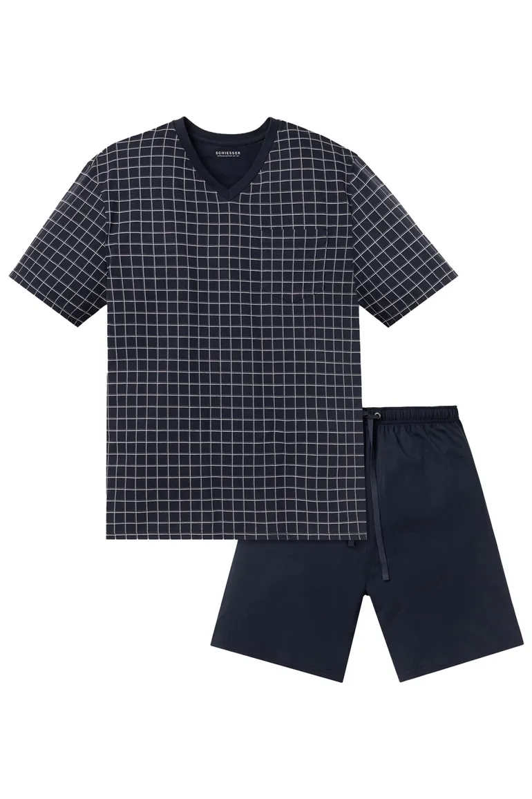 Schiesser Dark Sapphire shortama donkerblauw ruitmotief