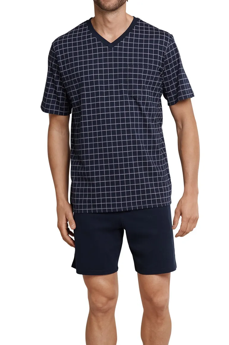 Schiesser Dark Sapphire shortama donkerblauw ruitmotief