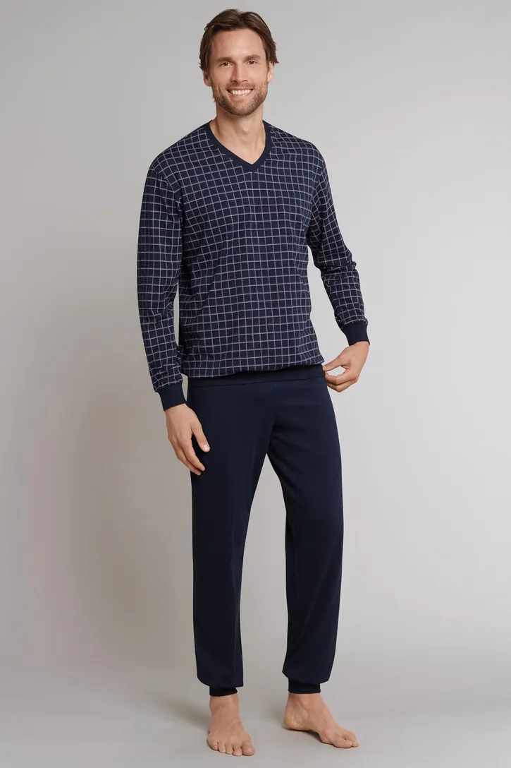 Schiesser pyjama donkerblauw blokruit