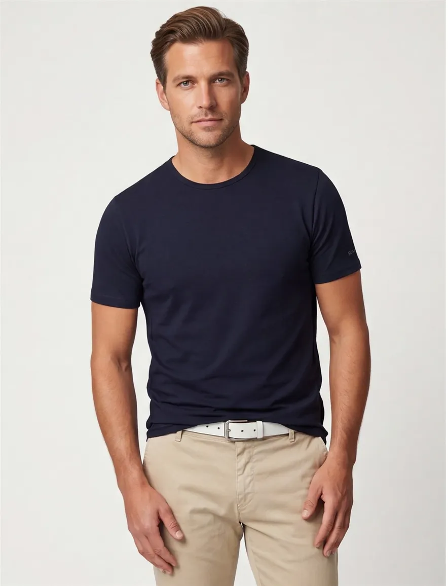 Slater t-shirt donkerblauw effen katoen 2-pack