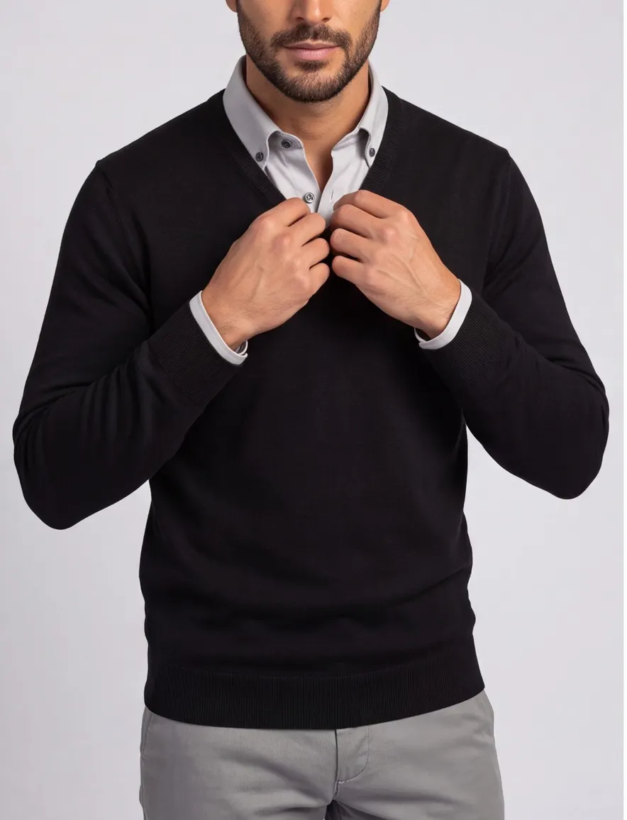 Olymp pullover zwart met v-hals merinwol
