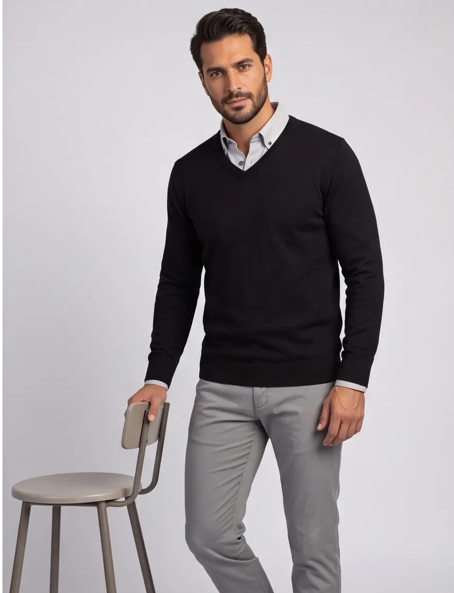 Olymp pullover zwart met v-hals merinwol