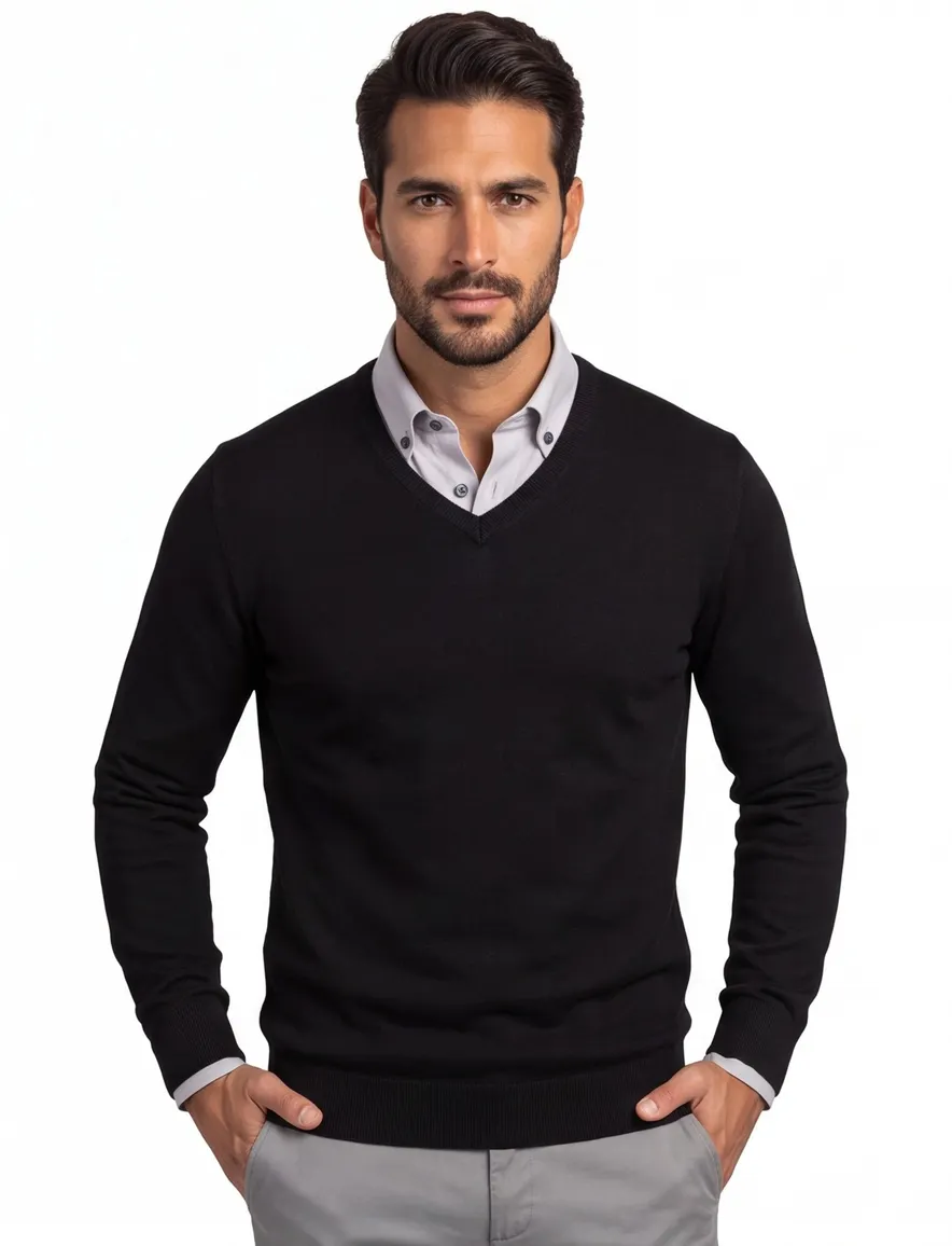 Olymp pullover zwart met v-hals merinwol