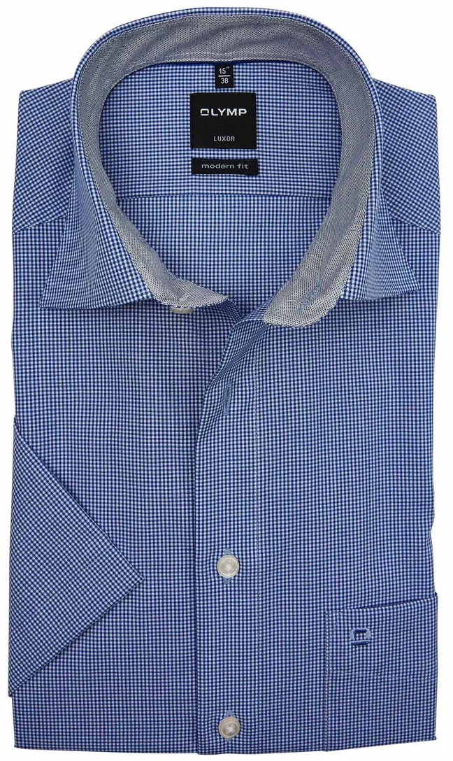 OLYMP korte mouw overhemd blauw ruit normale fit