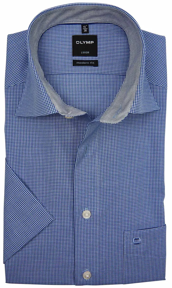OLYMP korte mouw overhemd blauw ruit