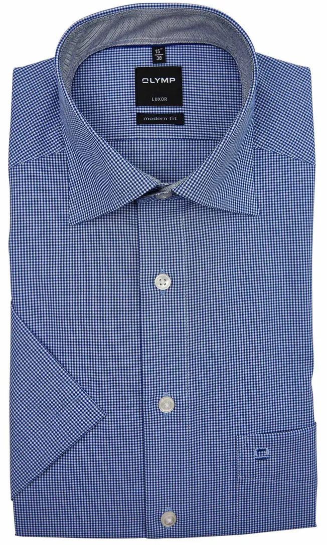 OLYMP korte mouw overhemd blauw ruit normale fit