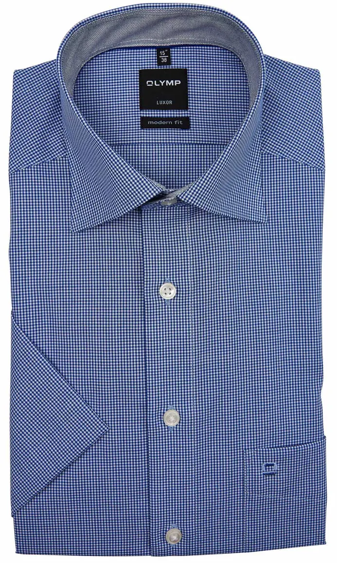 OLYMP korte mouw overhemd blauw ruit