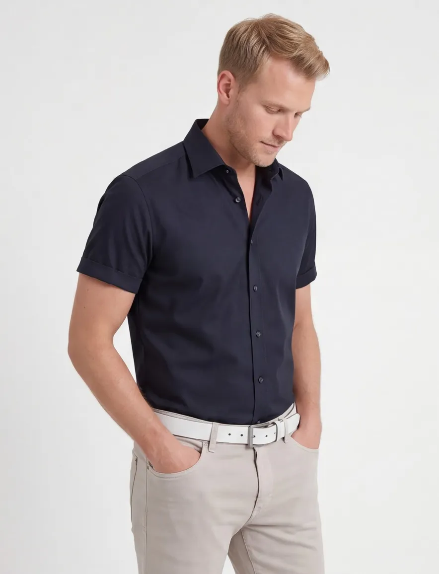 Olymp overhemd donkerblauw Body Fit korte mouwen
