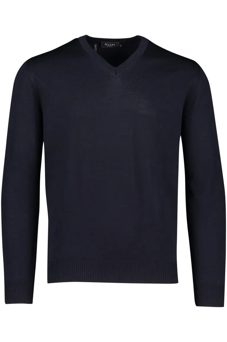 Maerz trui v-hals donkerblauw effen merinowol