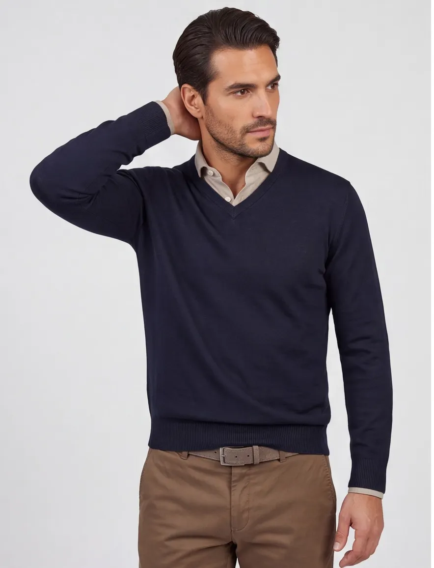 Maerz trui v-hals donkerblauw effen merinowol