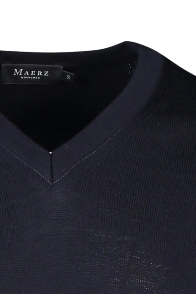 Maerz trui v-hals donkerblauw effen merinowol