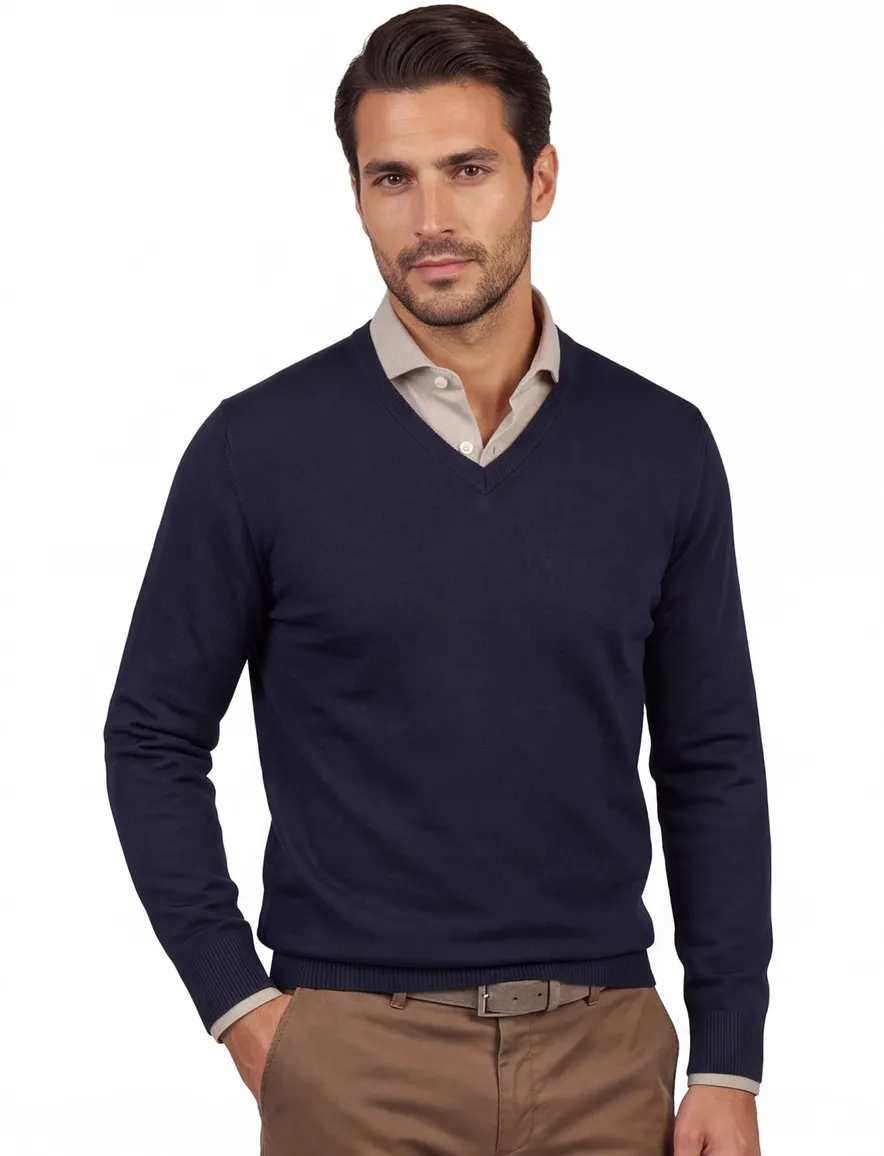 Maerz trui v-hals donkerblauw effen merinowol