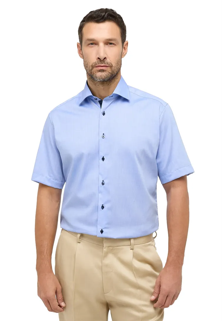 Eterna overhemd korte mouw Modern Fit blauw effen katoen normale fit