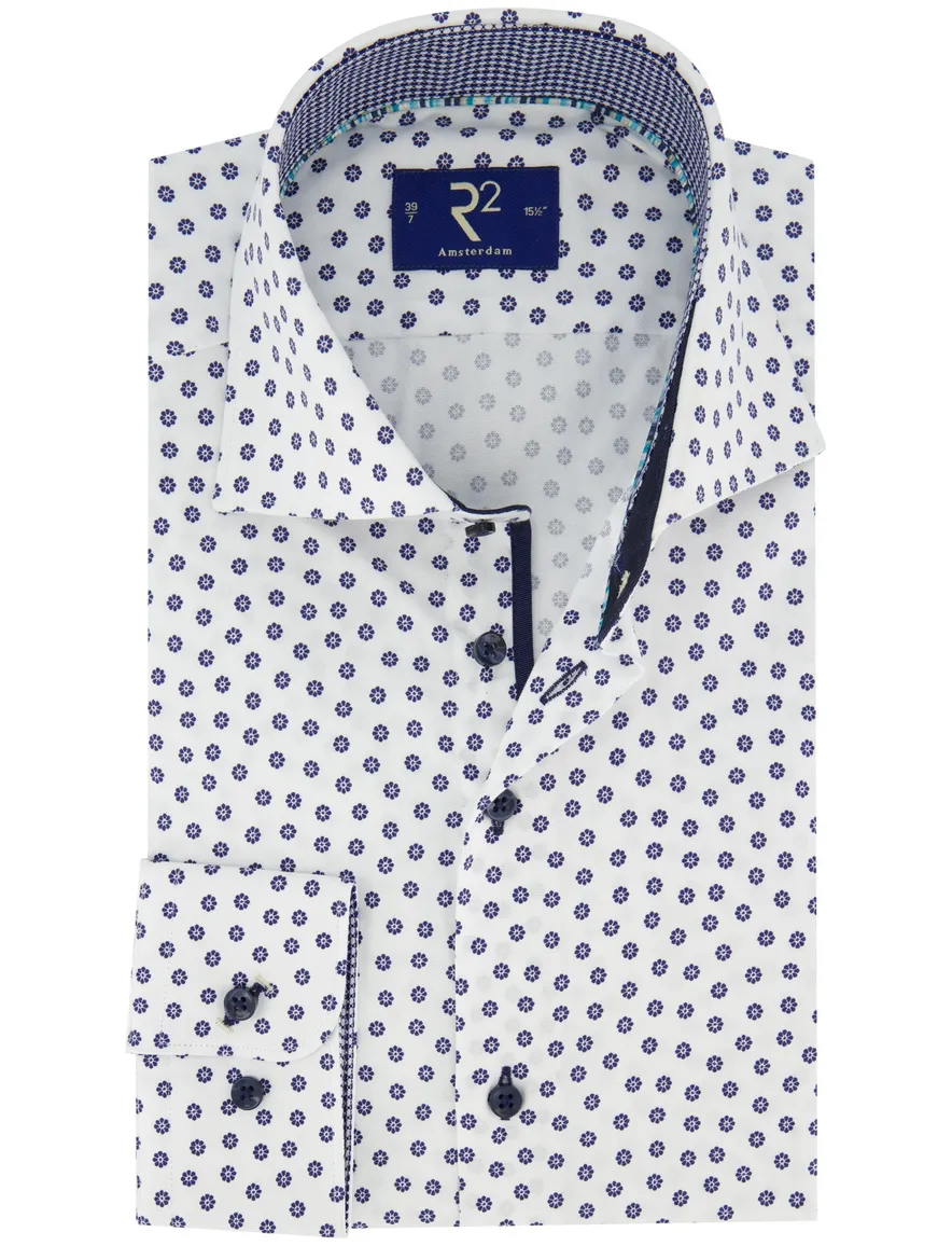 R2 overhemd wit met blauwe print