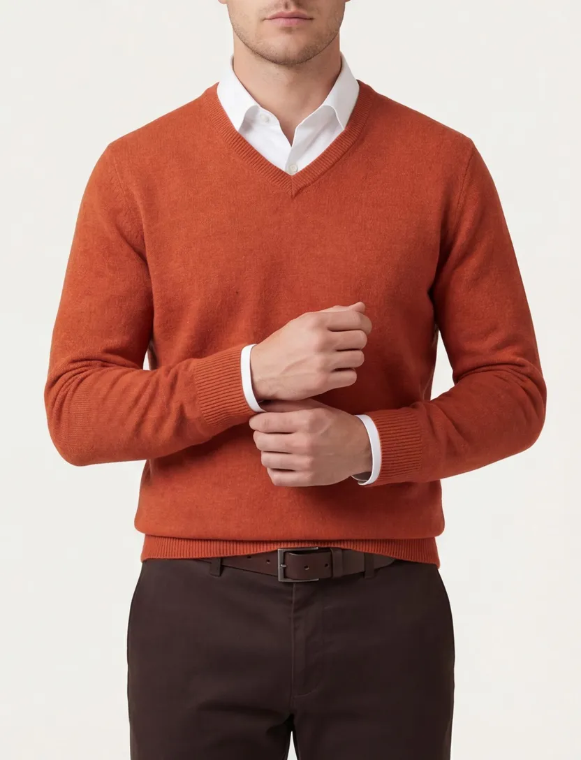Alan Paine trui v-hals oranje effen lamswol, wol