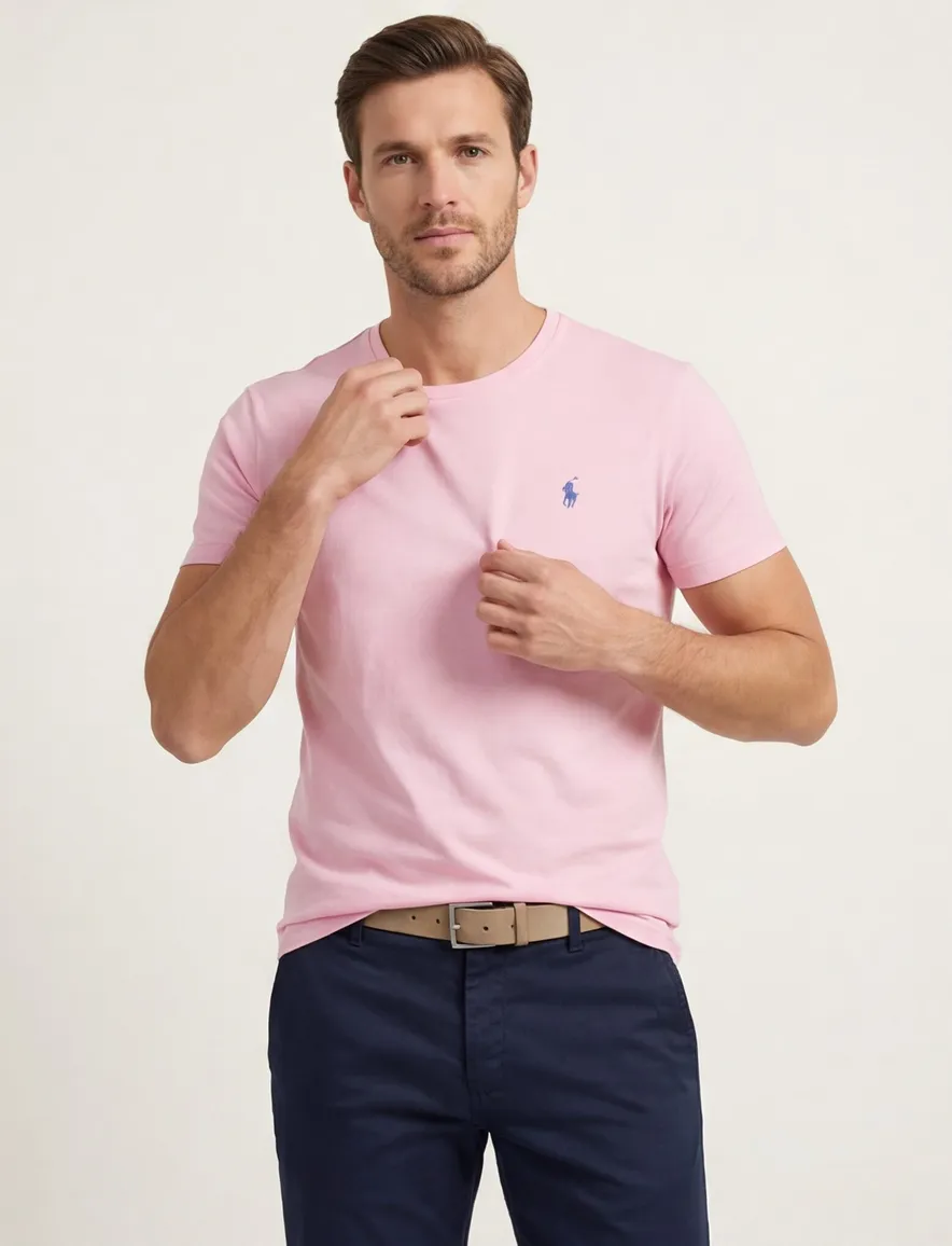 Roze t-shirt Ralph Lauren Custom Slim Fit effen katoen ronde hals