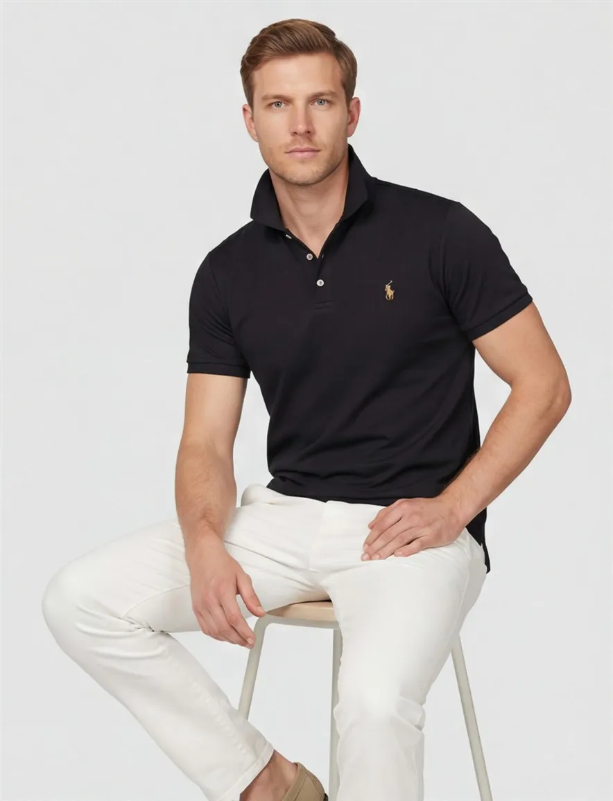 Poloshirt Ralph Lauren effen zwart Big & Tall